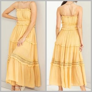Hyfve Yellow Tiered Maxi Dress Peasant Bohemian Ruffled Lace Beachy Summer Small
